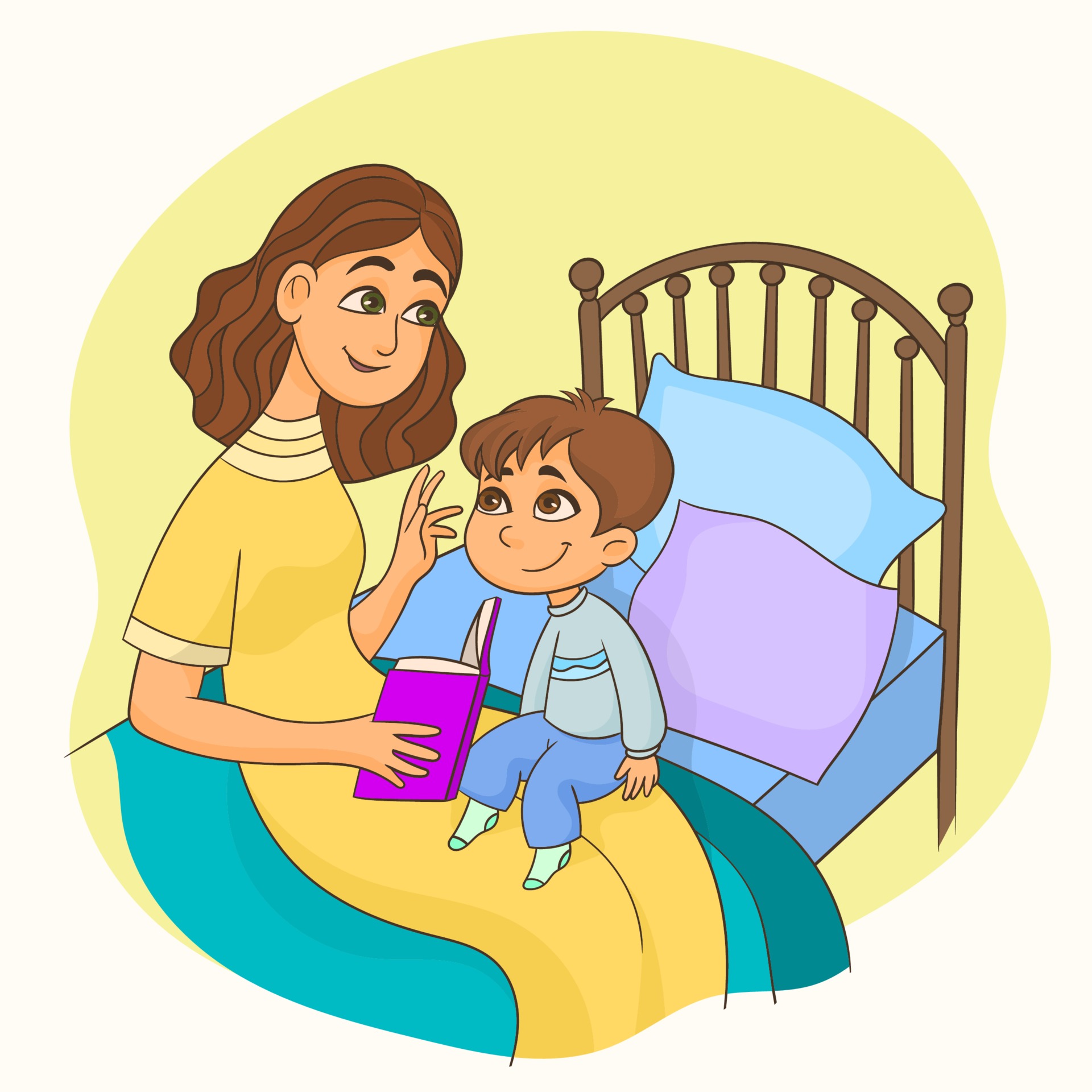 mother-sitting-in-the-bed-reading-a-book-with-her-son-on-her-knees-free-vector 